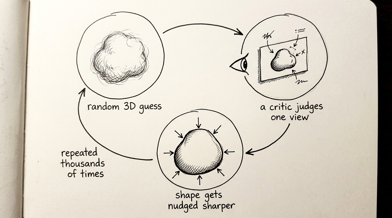Hand-drawn illustration of a three-step loop: a fuzzy random 3D blob, a critic judging one rendered view of it, and the shape getting nudged sharper, looping back and repeating thousands of times.