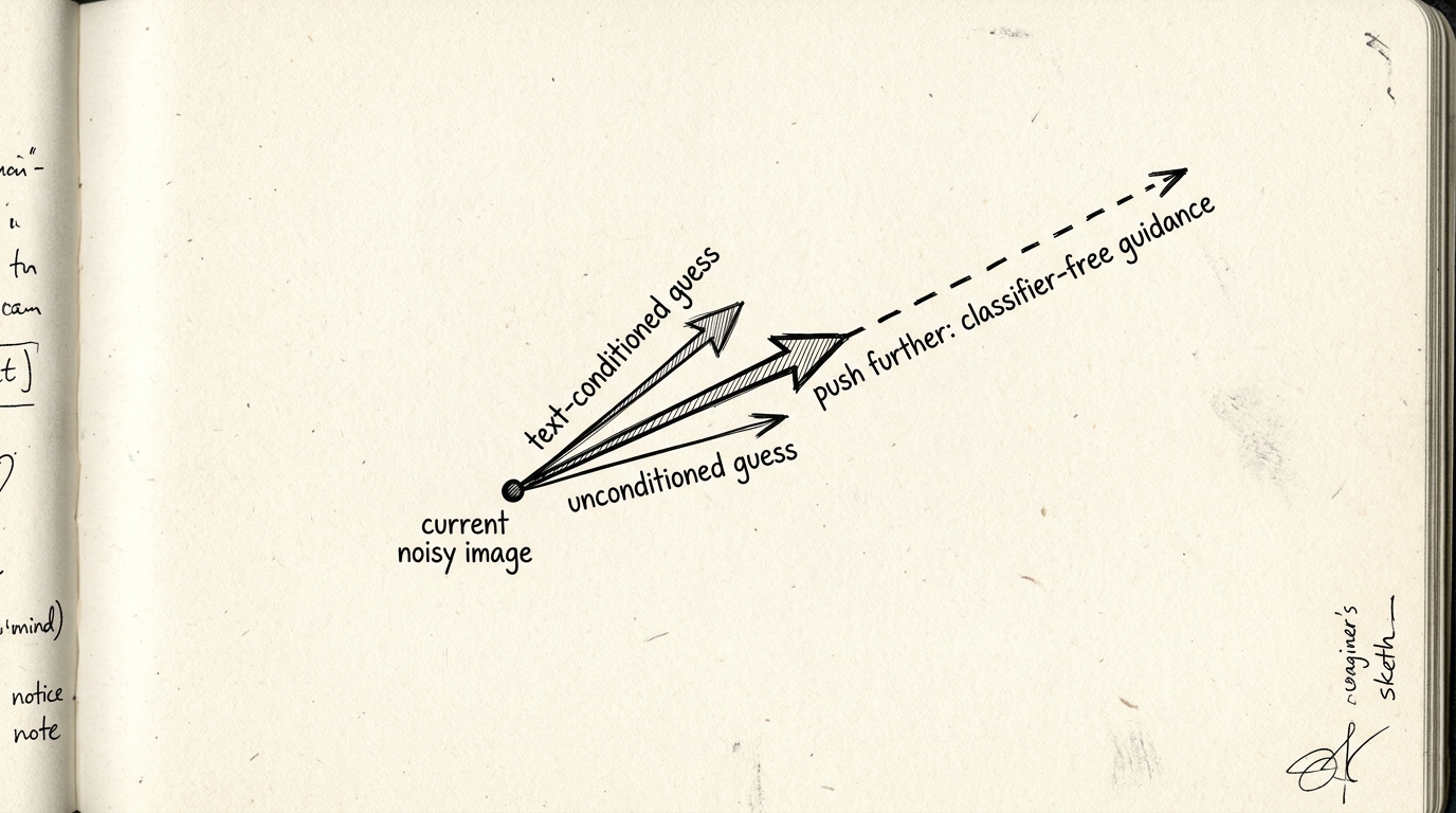 Hand-drawn illustration of three arrows from a point labeled current noisy image: a short unconditioned guess, a bolder text-conditioned guess, and a long dashed arrow extrapolating further past it labeled push further, classifier-free guidance.