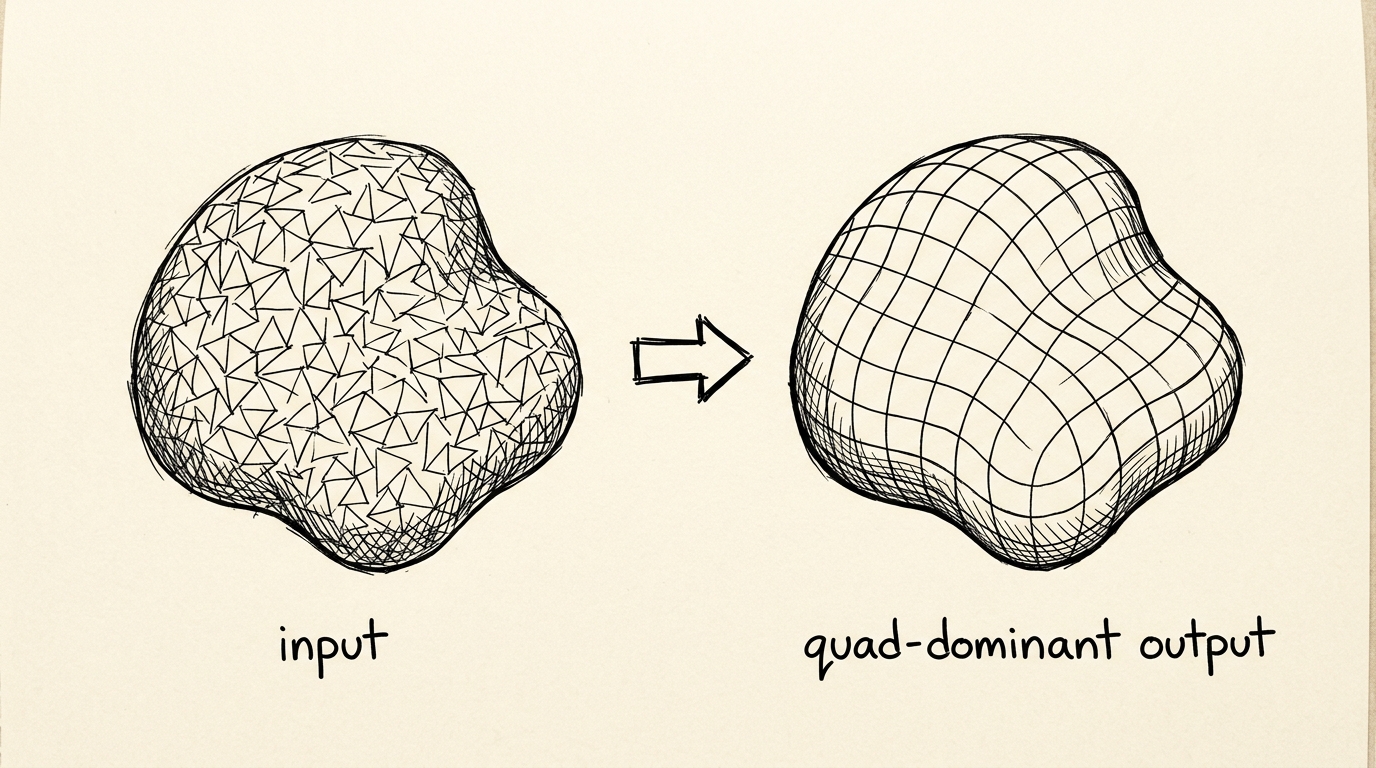 Hand-drawn illustration of a rough triangle-covered blob transforming into a clean quad-covered blob, labeled input and quad-dominant output.