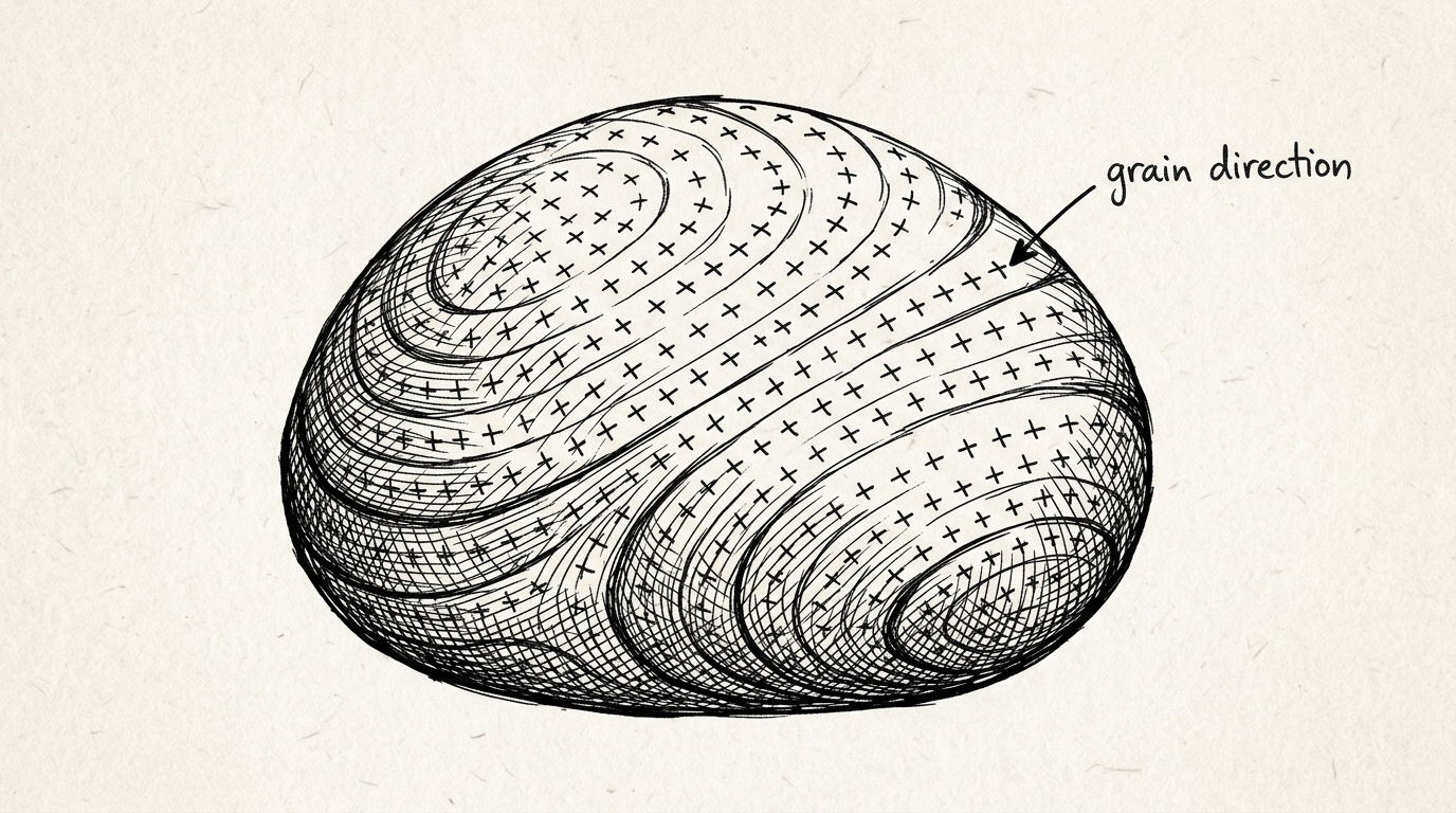 Hand-drawn illustration of a smooth rounded surface covered in small cross marks that flow together in continuous curved lines, like wood grain or combed hair, illustrating the orientation field's grain direction.