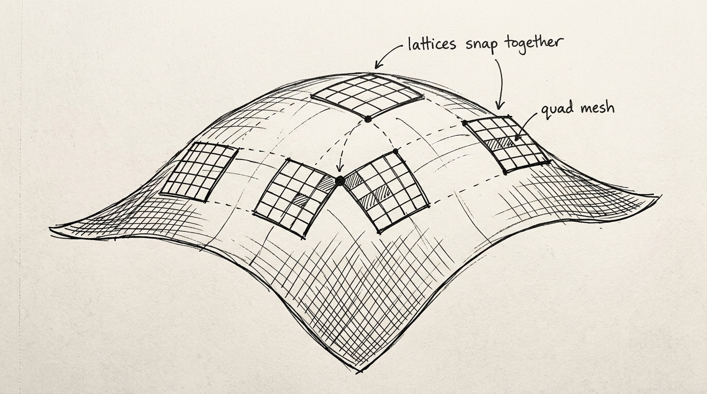Hand-drawn illustration of several small square lattice grids resting on a curved surface at neighboring points, with dashed lines showing how adjacent lattices nudge toward sharing corner points, snapping into quad faces where they meet.