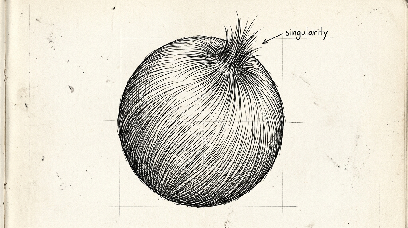 Hand-drawn illustration of a sphere covered in combed hair that lies flat everywhere except one tuft near the top that sticks up, labeled 'singularity', illustrating the hairy ball theorem.