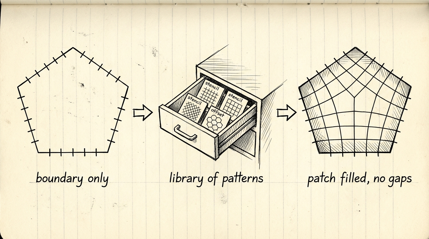 Hand-drawn illustration of an irregular five-sided boundary, a drawer of pattern stencils, and the same boundary filled edge-to-edge with a clean quad grid.