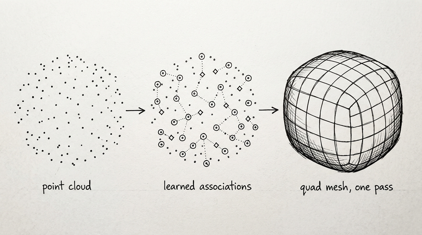 Hand-drawn illustration of a point cloud, learned dot-to-diamond associations forming a constellation, and the resulting clean quad-covered mesh, one feed-forward pass.