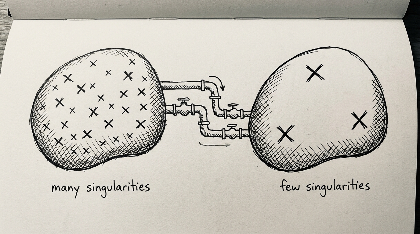 Hand-drawn illustration of two blobs connected by a pipe network: one covered in many X-marked singularities, the other with only a few remaining after flowing through the pipes.