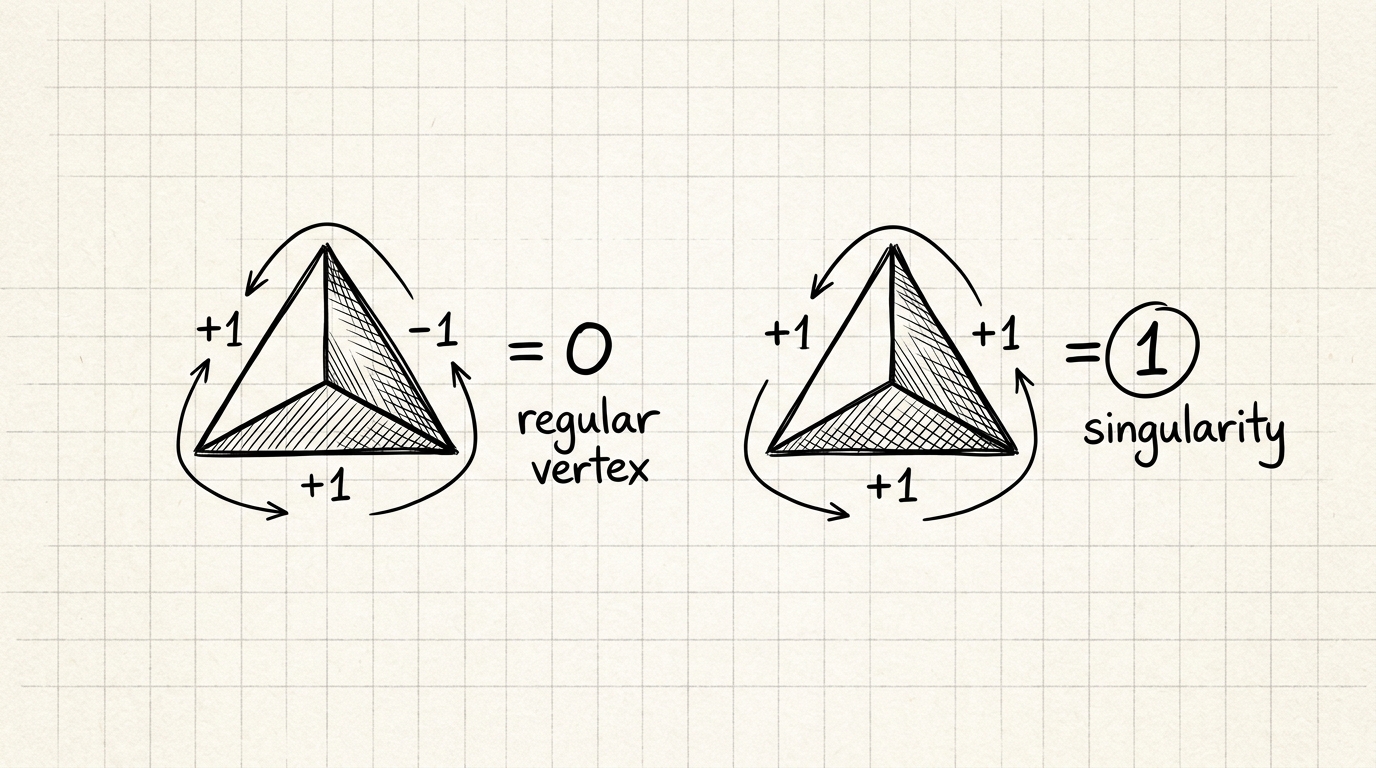 Hand-drawn illustration of two triangles with integer offsets written on their edges and a curved arrow tracing the loop; the left triangle's offsets sum to zero (regular vertex), the right triangle's sum to one (singularity).