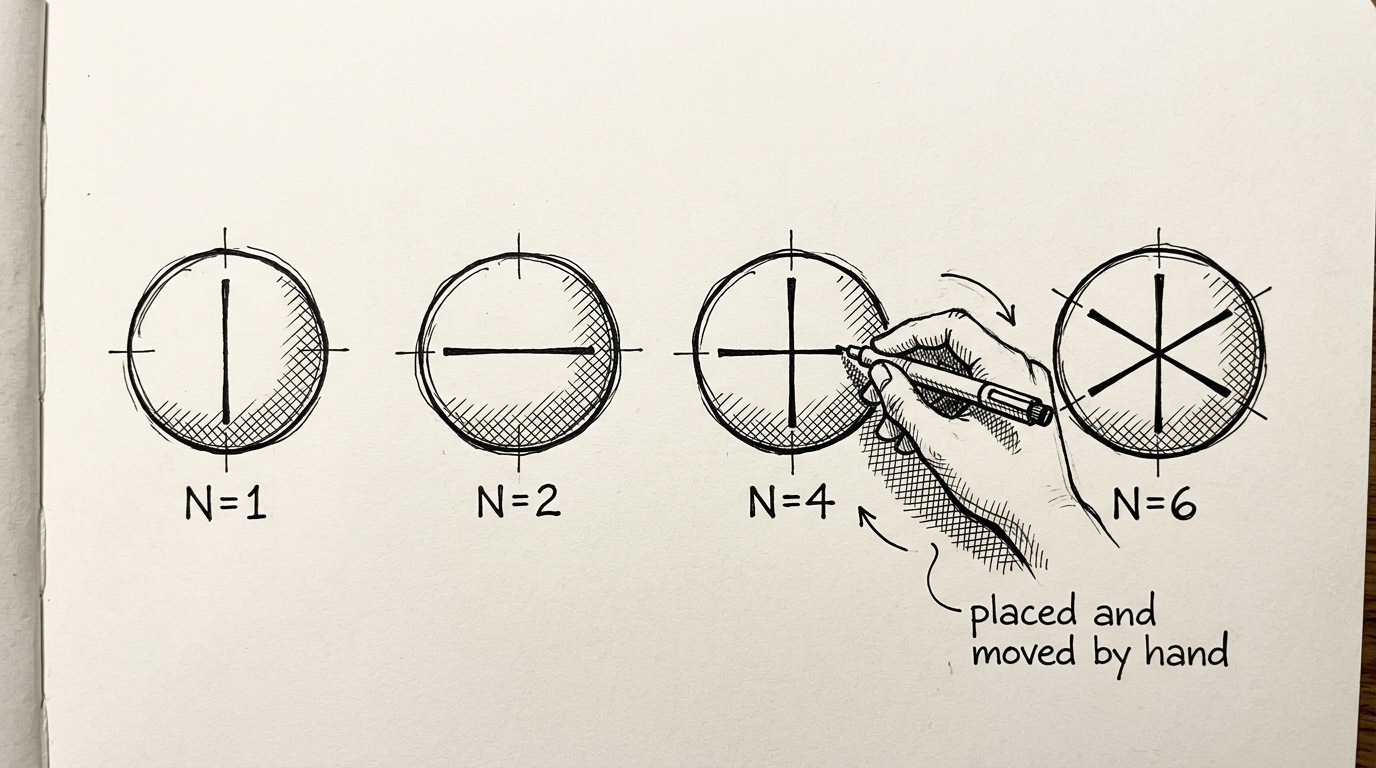 Hand-drawn illustration of four circles showing N=1, N=2, N=4, and N=6 rotationally symmetric direction patterns, with a hand holding a pen to place and move the N=4 cross.