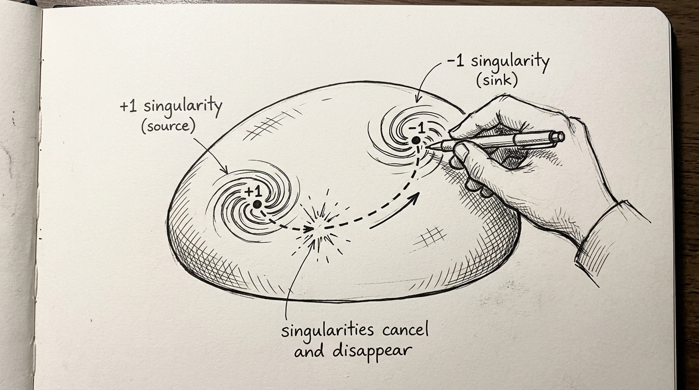 Hand-drawn illustration of a hand dragging a -1 singularity across a surface toward a +1 singularity, where they meet and vanish in a small burst, labeled singularities cancel and disappear.